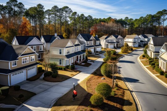Aerial view of a row of homes in a suburban neighborhood in the fall, Aerial view of cul de sac at neighbourhood road dead end with built homes in South Carolina residential living area, AI Generated