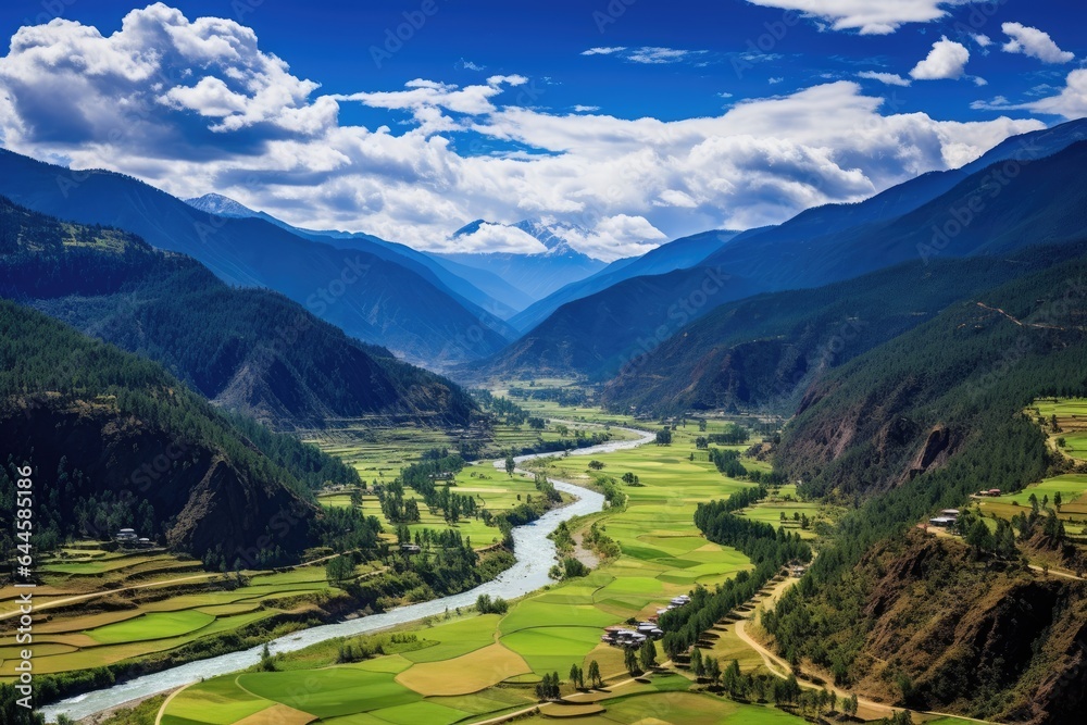 Sticker beautiful view of the valley and mountains in sichuan, china, aerial view of paro valley; bhutan, ai