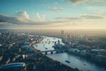 Aerial view of London skyline at sunset with skyscrapers and bridges. Aerial view of London and the...