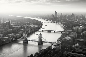 Panoramic view of London, UK in black and white. Aerial view of London and the River Thames, AI Generated
