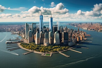 Aerial view of New York City skyline with skyscrapers. Aerial view of lower Manhattan New York City, AI Generated - obrazy, fototapety, plakaty