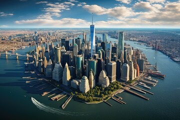 Chicago skyline with skyscrapers and river. USA. 3d rendering, Aerial view of lower Manhattan New...