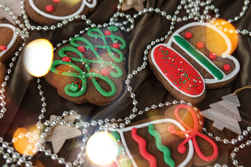 Banner for Christmas and New Year gingerbread. Christmas trees, toys, snowmen, garlands on a...