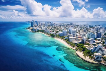 Aerial view of Waikiki Beach, Honolulu, Oahu, Hawaii, Aerial view of Male the capital of the Maldives,  AI Generated - obrazy, fototapety, plakaty