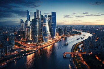 Aerial view of modern skyscrapers in Moscow at sunset. Aerial view of Moscow City with Moscow River, Russia, AI Generated