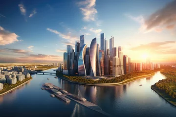 Foto op Canvas Shenzhen city skyline at sunset, China. 3d rendering, Aerial view of Moscow City with Moscow River, Russia, AI Generated © Iftikhar alam