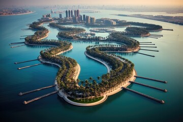 Aerial panoramic view of Dubai Marina at sunset, United Arab Emirates, Aerial View Of Palm Island In Dubai, AI Generated - obrazy, fototapety, plakaty