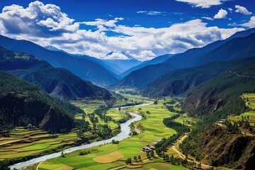 Fototapeta na wymiar Beautiful view of the valley and mountains in Sichuan, China, Aerial view of Paro Valley; Bhutan, AI Generated