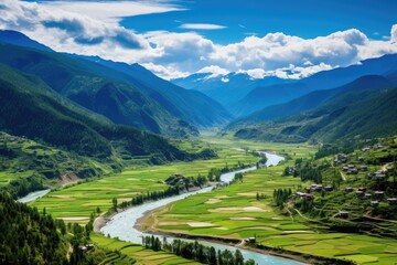 Fototapeta premium Terraced rice field in Yunnan, China. Yunnan is a UNESCO World Heritage Site. Aerial view of Paro Valley; Bhutan, AI Generated