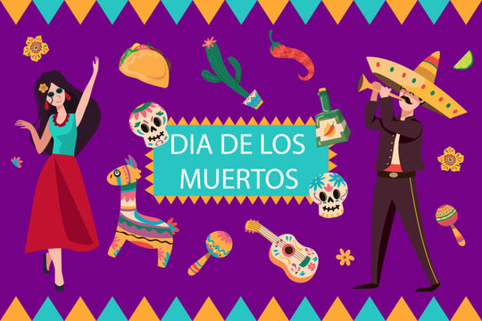 People in traditional Mexican costumes celebrating holiday. Dia de los Muertos, Mexican tradition, woman dancing, man playing shawm vector illustration. Day of the dead, Mexico, celebration concept