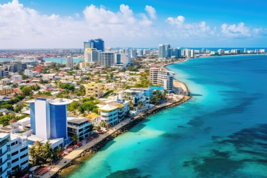 Fototapeta Aerial view of beautiful tropical beach and sea with blue sky background, Aerial view of Male the capital of the Maldives,  AI Generated