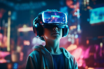 Young boy in virtual reality headset. Future technology concept.