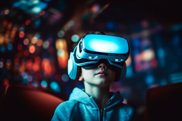 Young boy in virtual reality headset. Future technology concept.