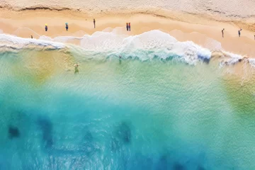 Foto op Canvas Aerial view of beach and ocean waves. Aerial view of beach and ocean waves background. Aerial view of beach and ocean waves, beach with tourists swimming in beautiful clear sea water, AI Generated © Iftikhar alam