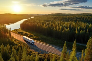 Aerial view of big rig semi truck with cargo trailer running on highway in beautiful summer landscape. semi truck with cargo trailer on road curve at lake shore with green pine forest, AI Generated