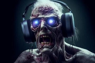 Zombie man wearing virtual reality goggles.