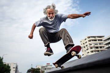 Fototapeta na wymiar Elderly man skateboarding. Generative AI