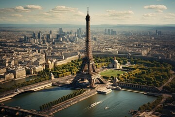 Obraz premium Eiffel Tower in Paris, France. Beautiful panoramic view. Aerial view of the Eiffel Tower, AI Generated