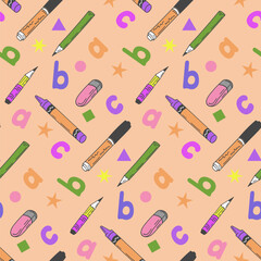 Stationary and alphabet pattern in kids pastel colors. Colorfull vector isolated characters and stationary items. Suitable for decoration, textile, wrapping, background, banner, social media graphics