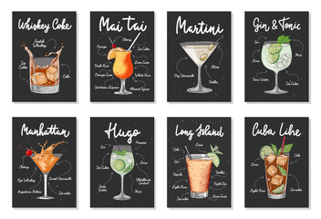 Set of 8 advertising recipe lists with alcoholic drinks, cocktails and beverages lettering posters, wall decoration, prints, menu design. Hand drawn vector engraved sketches. Handwritten calligraphy.