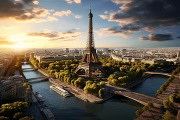 Papier Peint photo Paris Eiffel Tower and Seine river at sunset, Paris, France, Aerial view of the Eiffel Tower, AI Generated