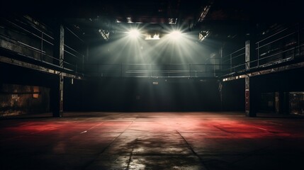 Classic old warehouse building. illuminated by the light in a dark room. Empty wooden room in vintage style