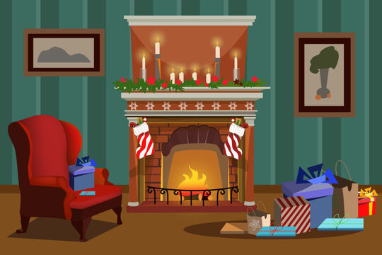 Fireplace and Christmas gifts in living room vector illustration. Cartoon drawing of stocking hanging on fireplace, gift box on armchair and floor. Christmas, winter holidays, interior design concept