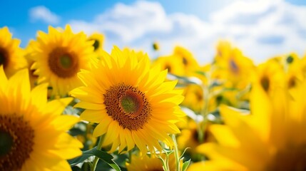 Fototapeta premium Sunflower field under a summer sky. Vibrant sunflowers in a beautiful field surrounded by nature's charm.