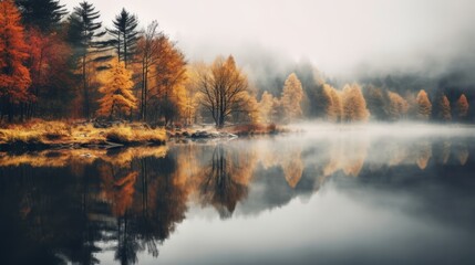 Naklejka na ściany i meble Autumn Landscape, Gloomy Misty Forest Lake, Reflection