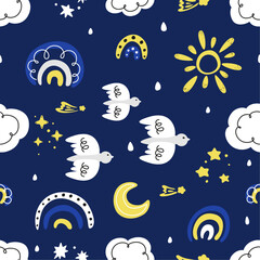 seamless pattern for children with rainbows, starry sky, set of weather icons, abstract pattern with doodle elements, set of hand drawn doodles, clouds, rainbow, bird, sun, moon, rain, stars