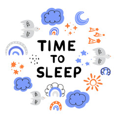 time to sleep, children's pattern with rainbows, starry sky, weather icon set, abstract pattern with doodle elements, hand drawn doodle set, clouds, rainbow, bird, sun, moon, rain, stars