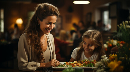 mother and daughter at a dinner