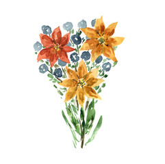 Cute watercolor red, orange and indigo floral bouquet. Abstract watercolour daisy flowers with fresh leaves composition for invitation, wedding, greeting cards design, sticker