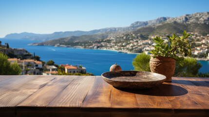 Holztisch mit Teller auf einem H&uuml;gel, traumhafter Ausblick auf das Meer, Meerblick, Seeblick, blauer Himmel