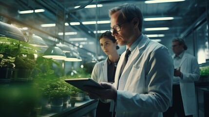 Expert, Professional And Tablet In A Greenhouse For Research And Innovation In