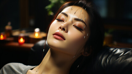 Fototapeta premium beautiful young woman with closed eyes in evening dress