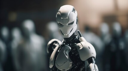 Fototapeta premium close up of a metal robot portrait, head shot from angle, isolated background blur, artificial intelligent wallpaper, titan humanoid android robotics