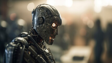 Fototapeta premium close up of a metal robot portrait, head shot from angle, isolated background blur, artificial intelligent wallpaper, titan humanoid android robotics