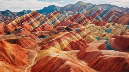 Fototapete Zhangye-Danxia Flying Through Nature With View On Colorful, Striped Zhangye Rainbow Mountains