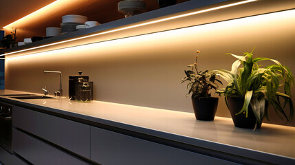 Under-cabinet LED strips providing subtle illumination - obrazy, fototapety, plakaty