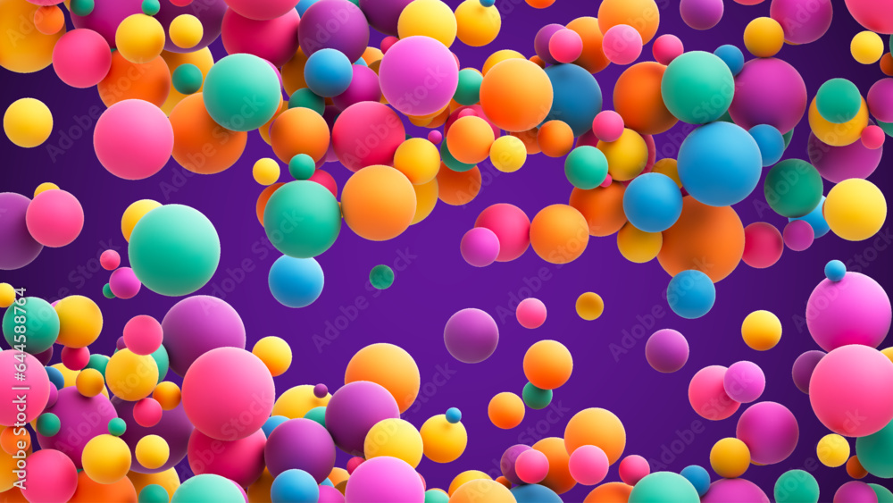 Wall mural Colorful rainbow matte soft balls in different sizes. Abstract composition with many colorful random flying spheres. Vector background