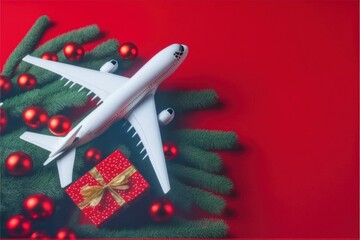 Travel concept copy space for Christmas commercial plane on red background isolated, gift box ribbon pine tree and small ornaments bell