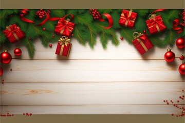 Fototapeta na wymiar christmas background with leaf branches and christmas tree, red little gift boxes gold ribbon, mistletoe berry, copy space at bottom, wooden background