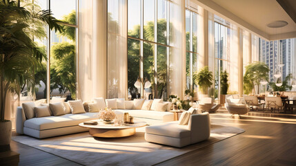 Obraz premium Spacious rooms illuminated by floor-to-ceiling windows, showcasing potted plants,