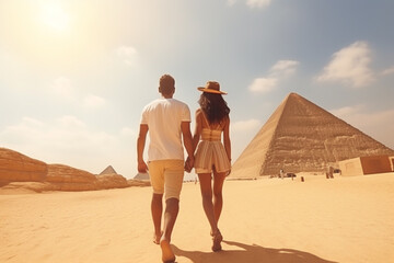 Travel, leisure, lifestyle, vacation concept. Young couple traveling in Egypt. Giza pyramid in background during sunny and hot day in desert. Generative AI