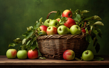 A basket of apples on a table with a green background