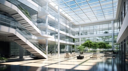 Interior View Of Modern Office Building With Glass Partitions, Central Atrium