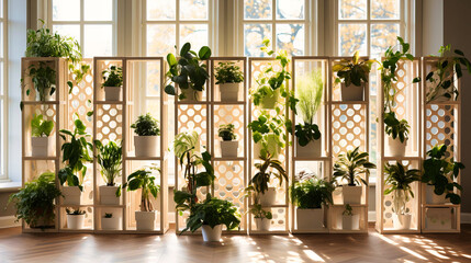 White latticed room dividers with integrated plant pockets