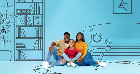 Cheerful millennial african american mom, dad hug little girl on floor, enjoy own home on blue studio background
