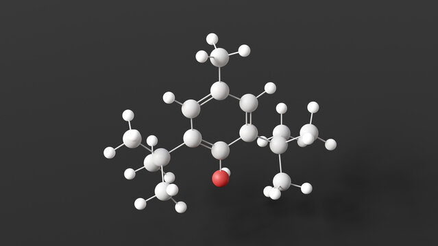 butylated hydroxytoluene molecule, molecular structure, antioxidant e321, ball and stick 3d model, structural chemical formula with colored atoms